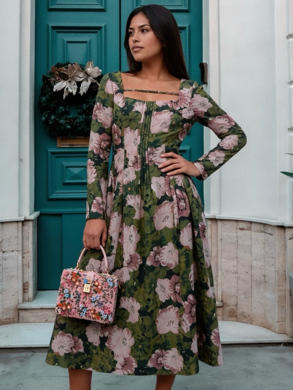 Floral Long Sleeve Midi Dress in Olive and Pink